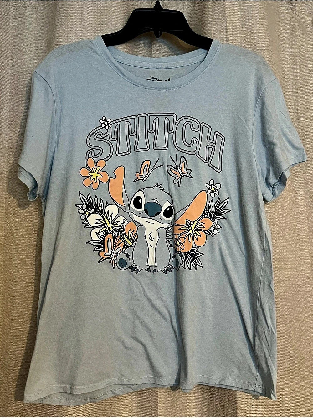 Disney Stitch Women’s Medium Blue Floral Graphic T-Shirt 100% Cotton